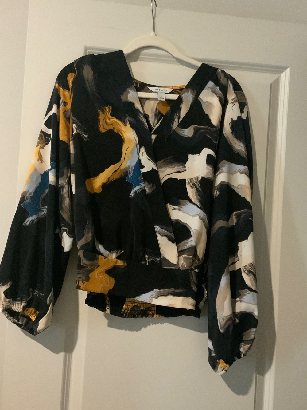 Nine West Navy Abstract Wrap Blouse with Mustard, White, & Blue Accents